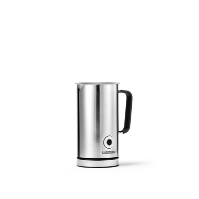 Sjöstrand milk frother in stainless steel – side view