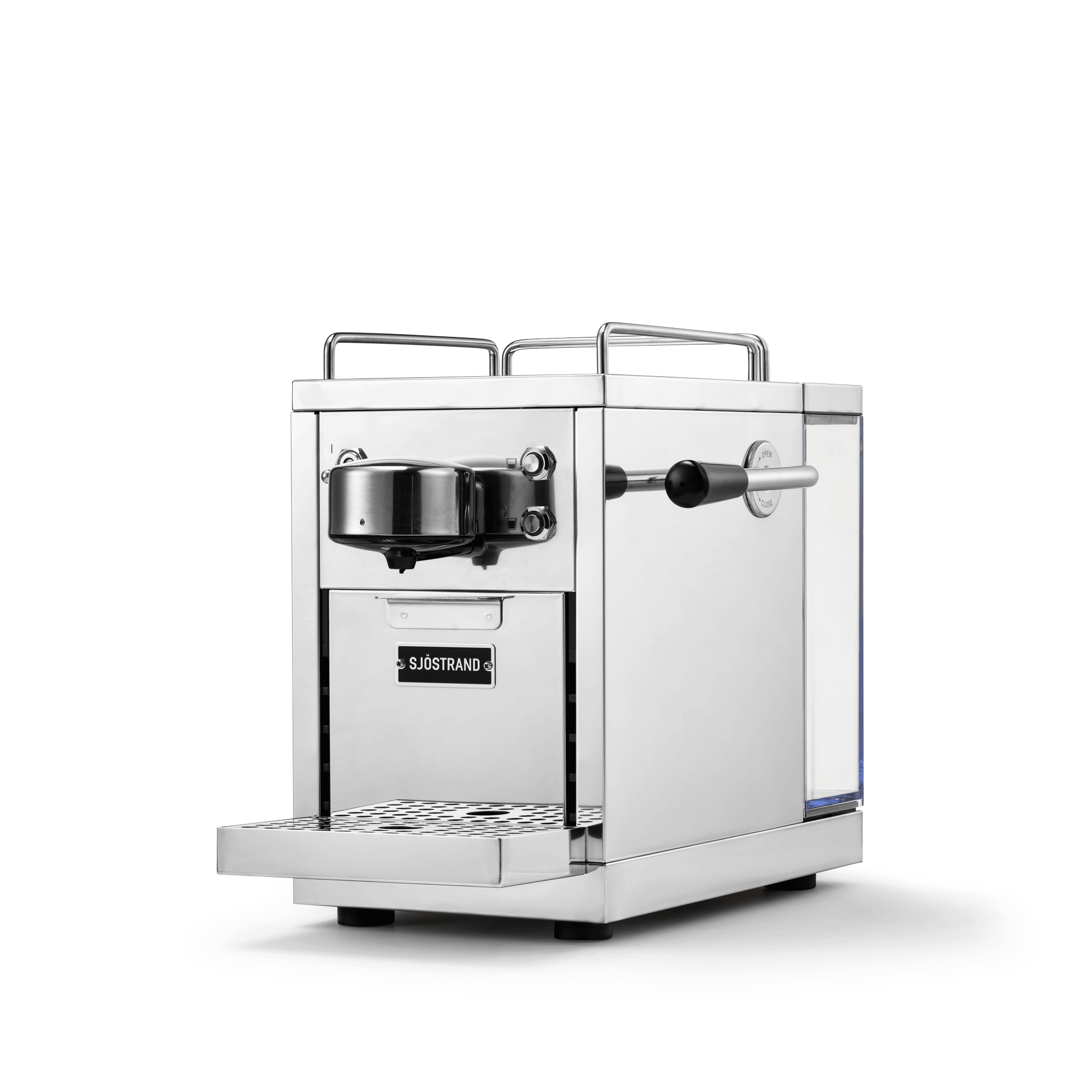 The Original espresso machine side angle showing sleek stainless steel profile and chrome finish